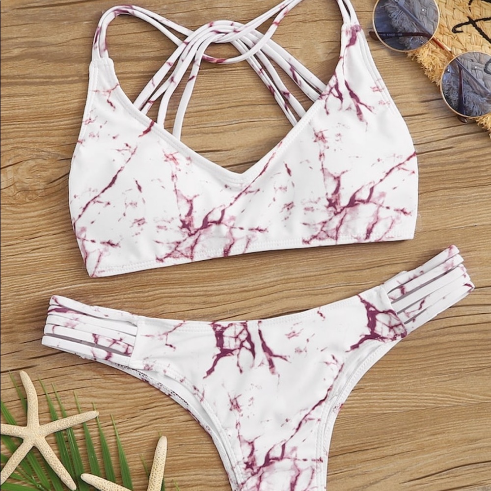 Two-piece, pink marbled swimsuit